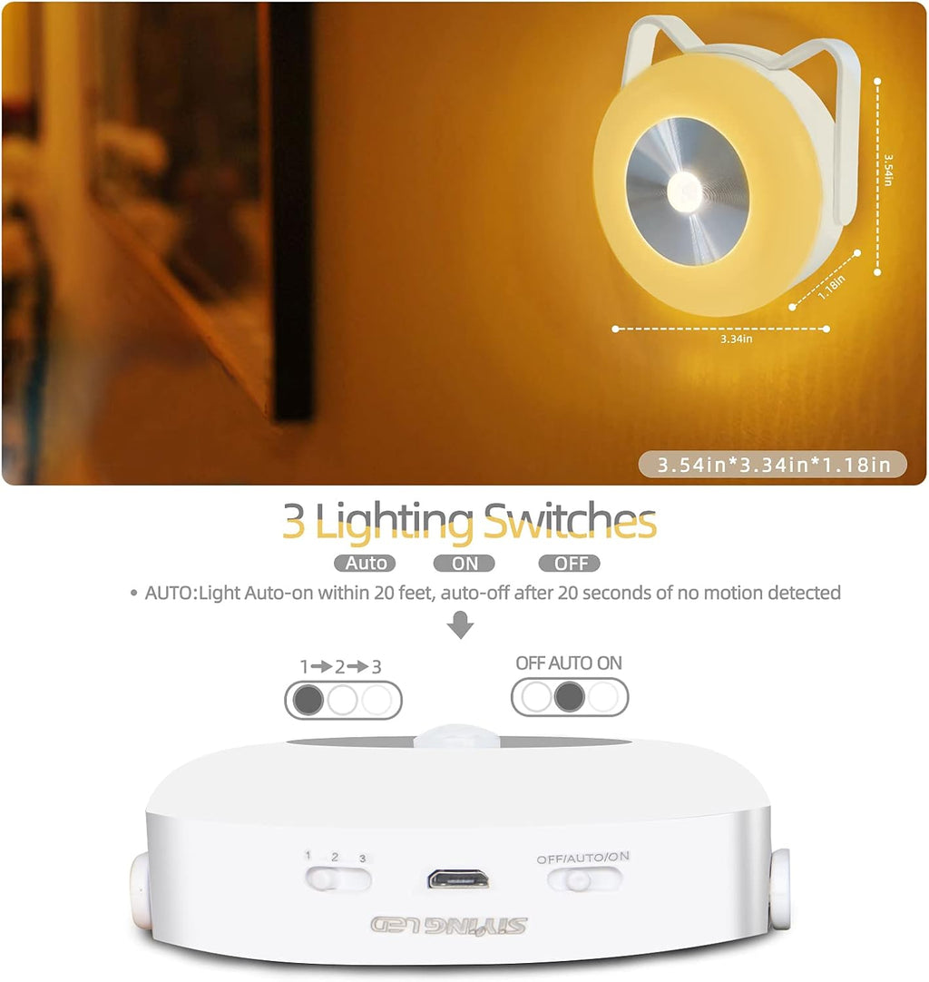 Rechargeable Motion Sensor Stick-On Anywhere Night Light Indoor,Led Motion Sensor Closet Lights (2 Pack),Battery Operated Night-Lights for Stairs Bedroom Bathroom Kitchen Hallway